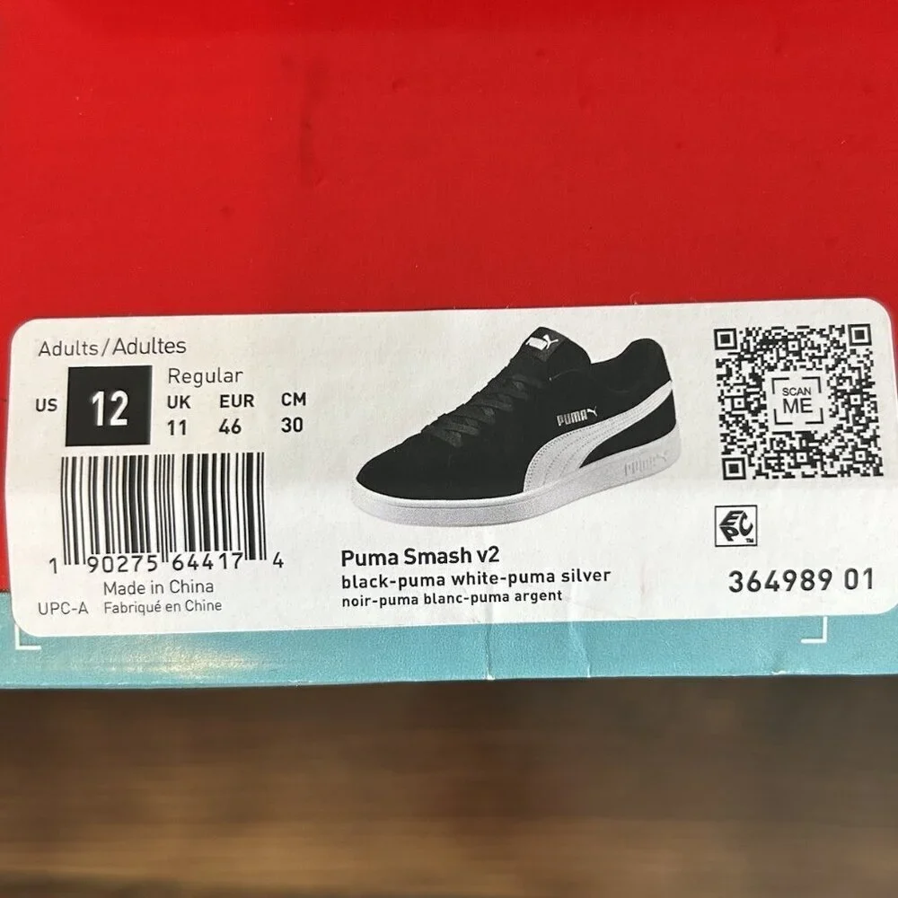 Puma Mens Puma Smash V2 Sneakers Size 12 Black White Silver 364989 01 EUC in Box